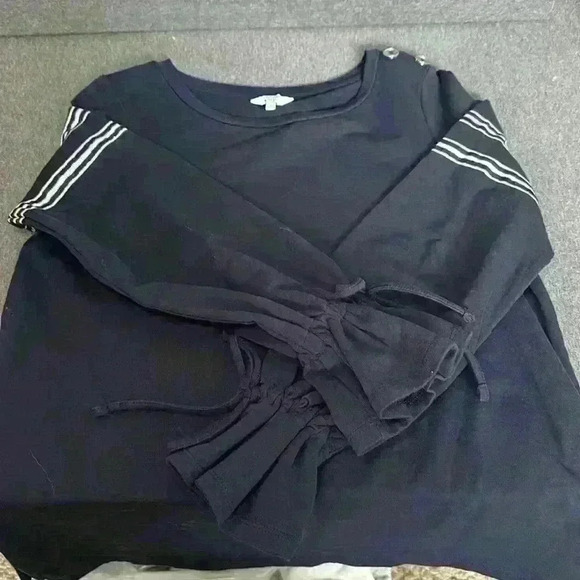 Crown & Ivy Navy Long Sleeve Bell Cuff w/ White Stripes Pullover Women Sz Small - Picture 9 of 10